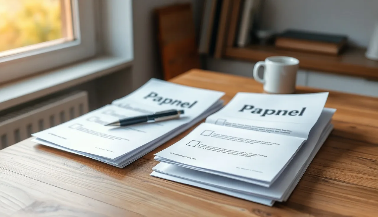 Unsigned divorce papers on a wooden table with a pen and morning light