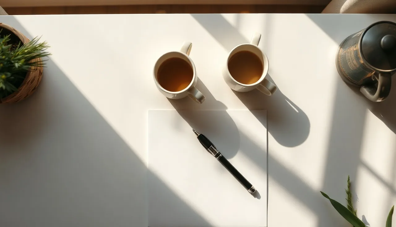 Two coffee mugs and a pen on a kitchen table where free divorce papers will be filled out