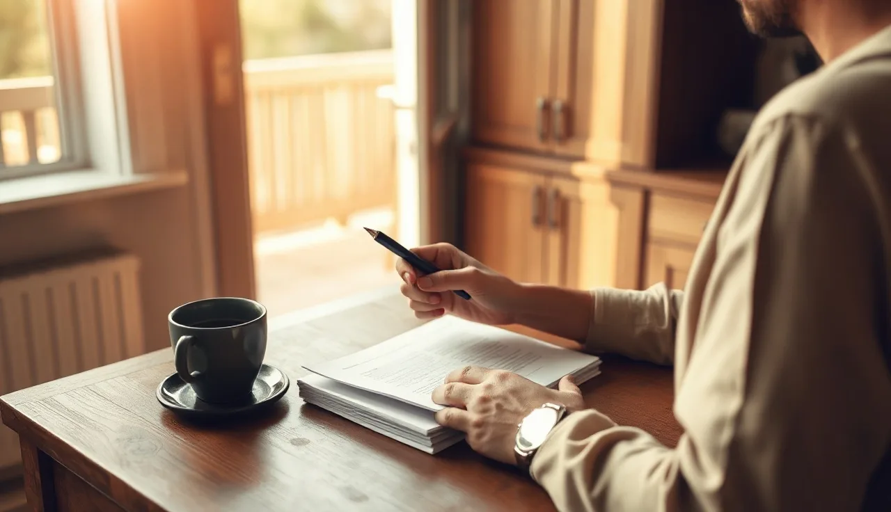 Person reviewing divorce paperwork at a wooden kitchen table in morning light