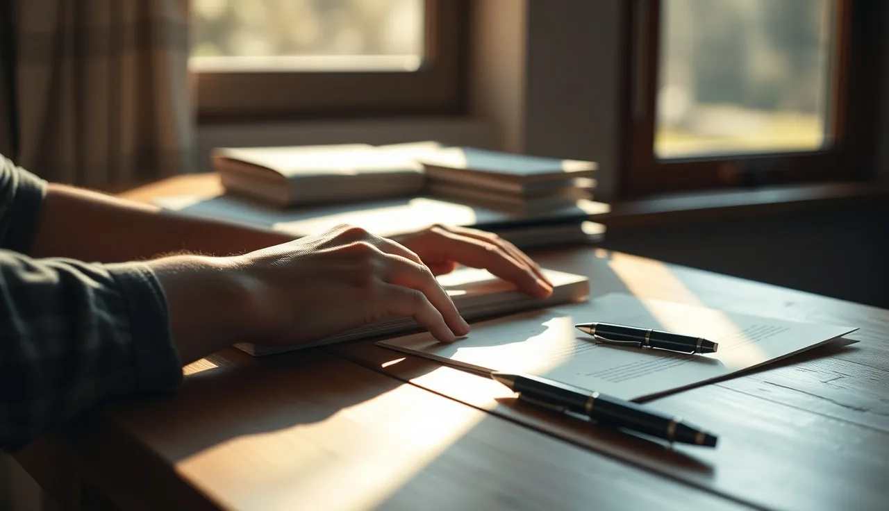 Person reviewing a stack of legal papers at a sunlit home desk