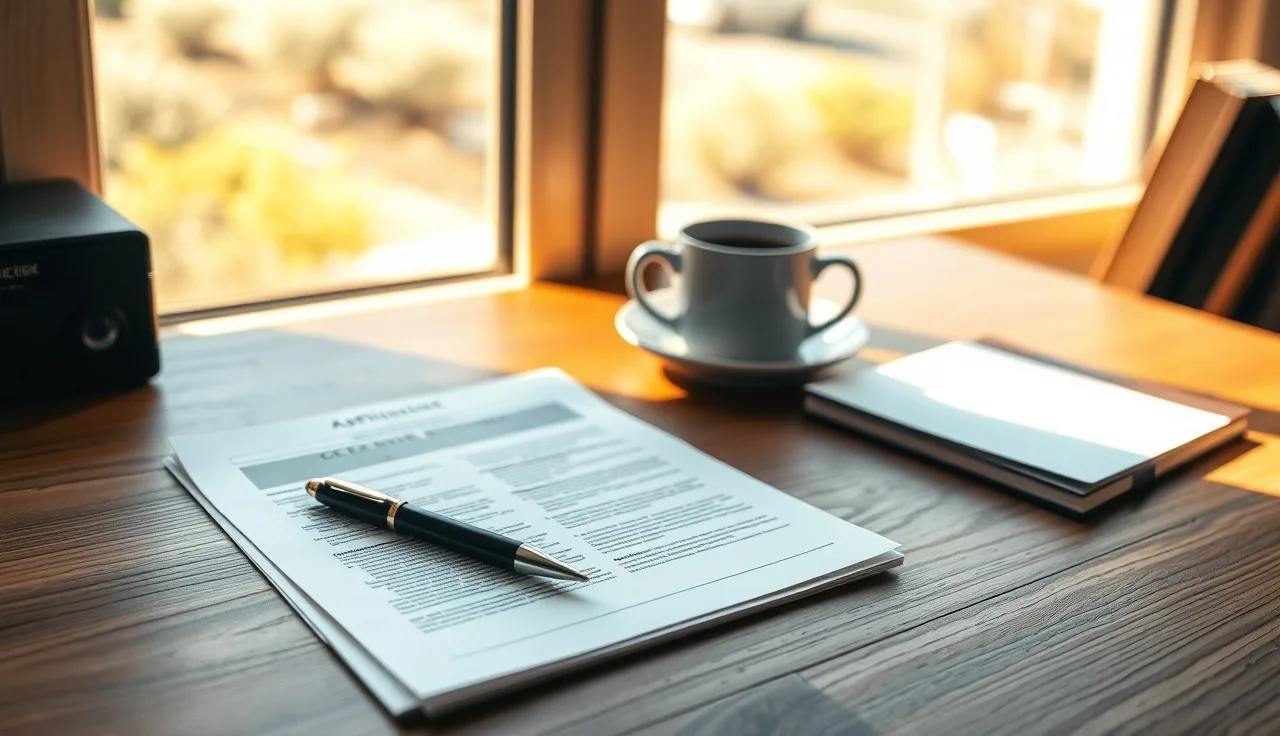 Pen resting on blank court form on a wooden desk, divorce petition paperwork nearby