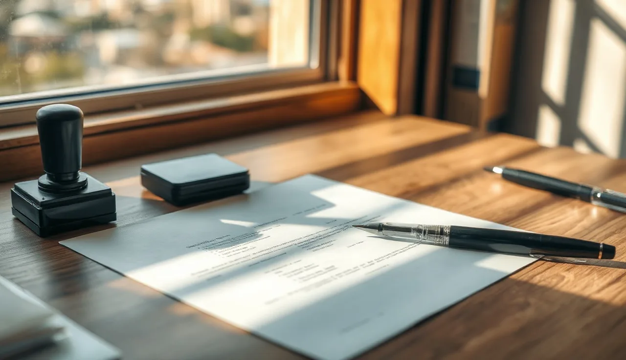 Notary stamp and pen beside a blank official document on a wooden desk