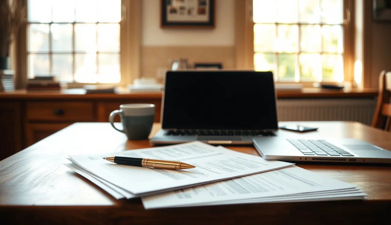 Stack of printed divorce forms on a wooden table beside a laptop and pen