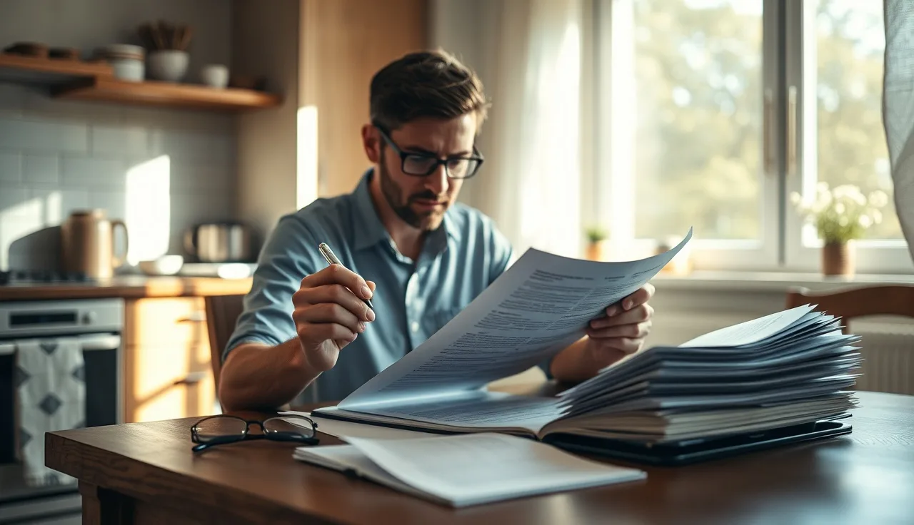 Person reviewing divorce response paperwork at a kitchen table in afternoon light