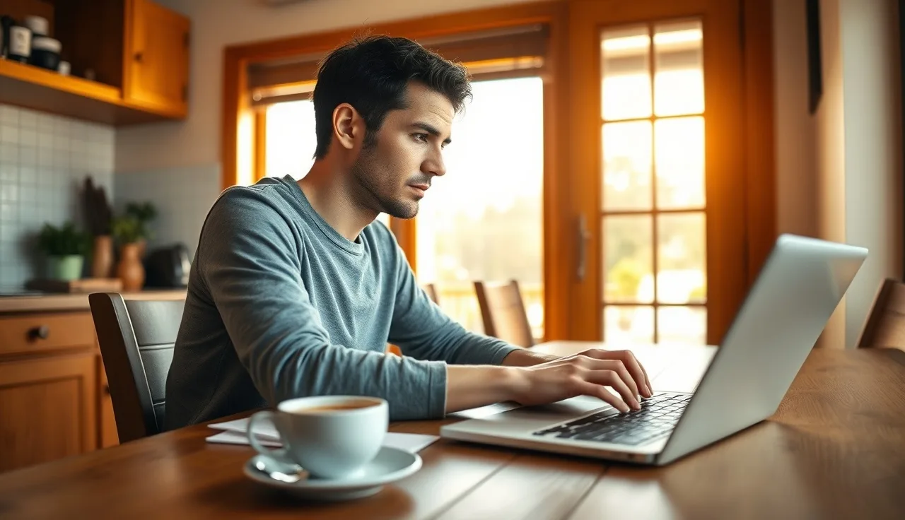 Person at kitchen table with laptop preparing to file divorce documents online