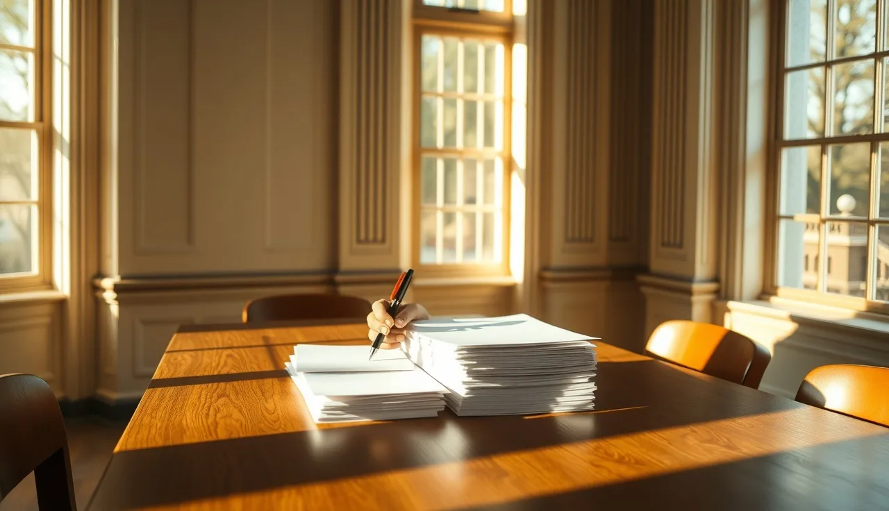 Person organizing divorce paperwork at a courthouse table in morning light