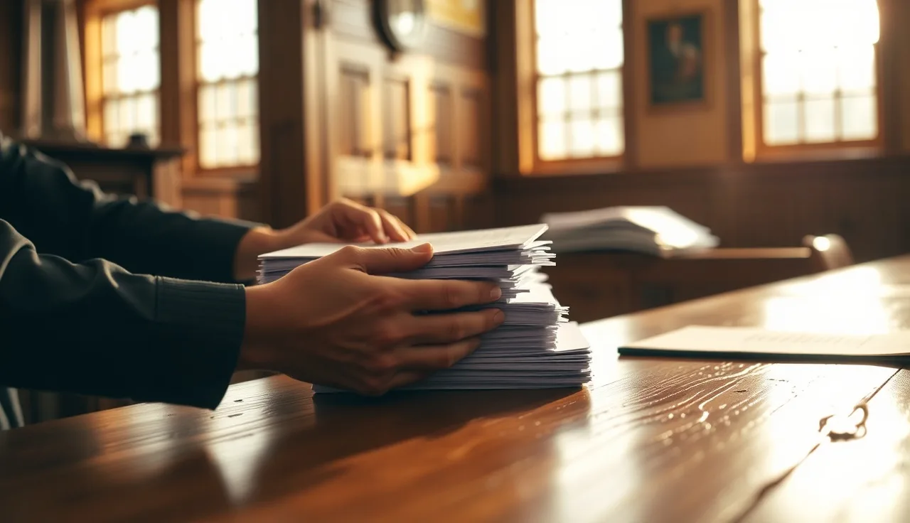 Hands placing divorce paperwork on a courthouse filing counter in afternoon light