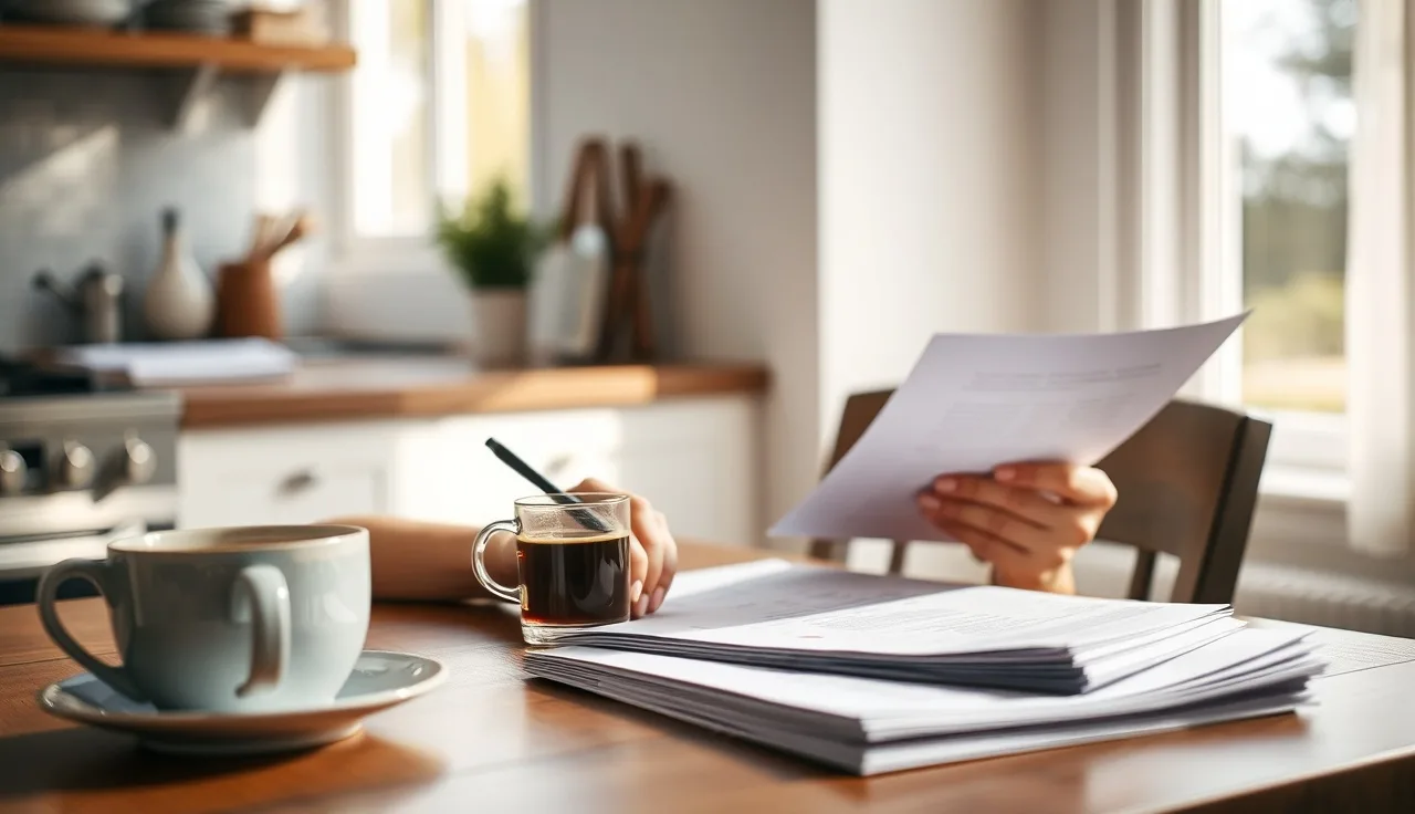 Woman reviewing printed divorce documents at a kitchen table before filing