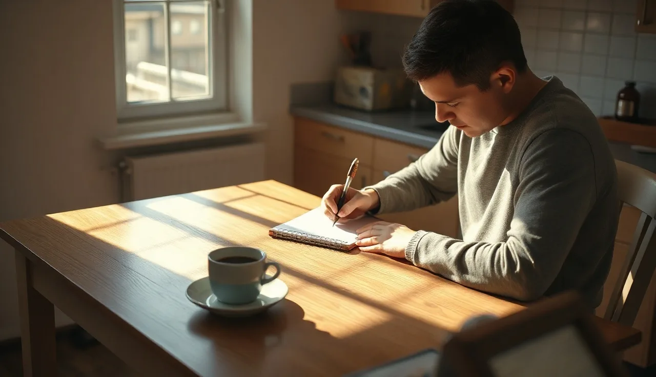 Person writing on a legal pad at a sunlit kitchen table, alone, preparing divorce paperwork