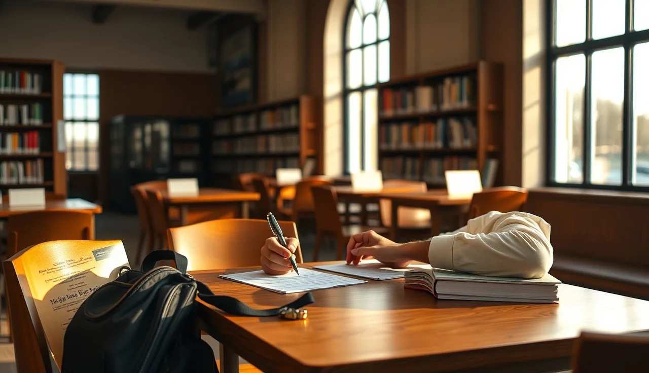 Person completing paperwork at a library table with a backpack nearby