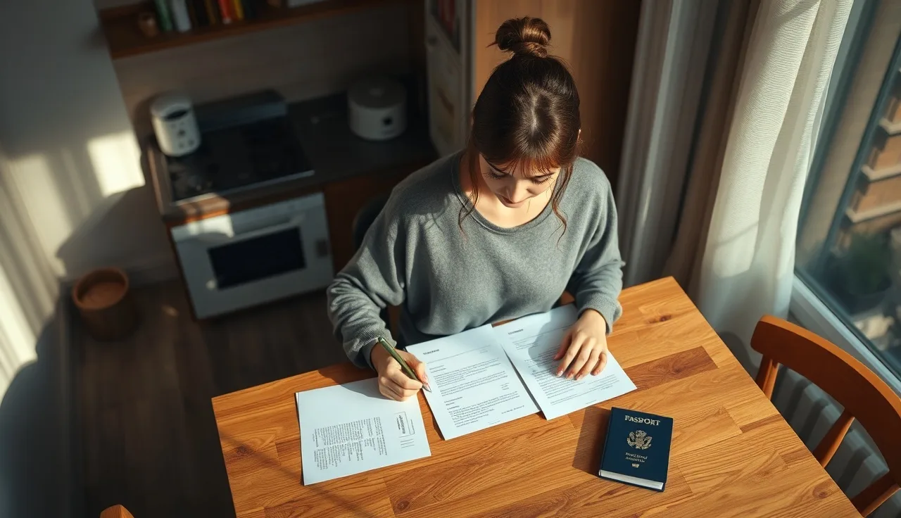 Woman completing international divorce paperwork at a kitchen table with passport nearby