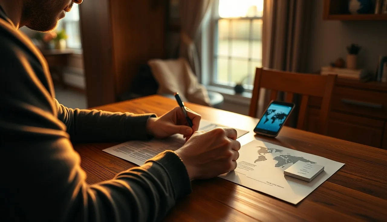 Person writing divorce documents at home with a world map on their phone, filing for overseas divorce