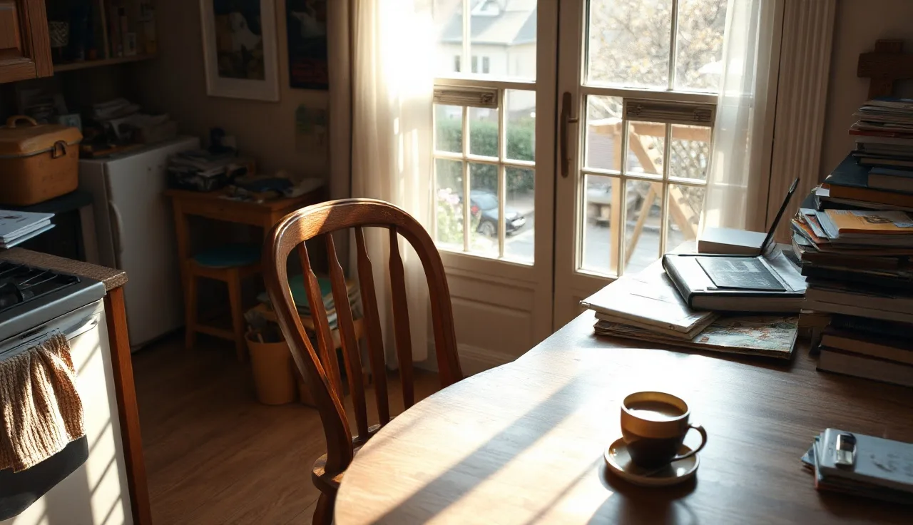 Empty chair at a kitchen table suggesting an absent spouse in a divorce