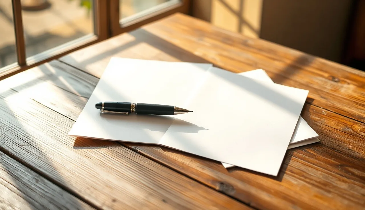 Blank papers and a pen on a wooden table for dissolution of marriage paperwork