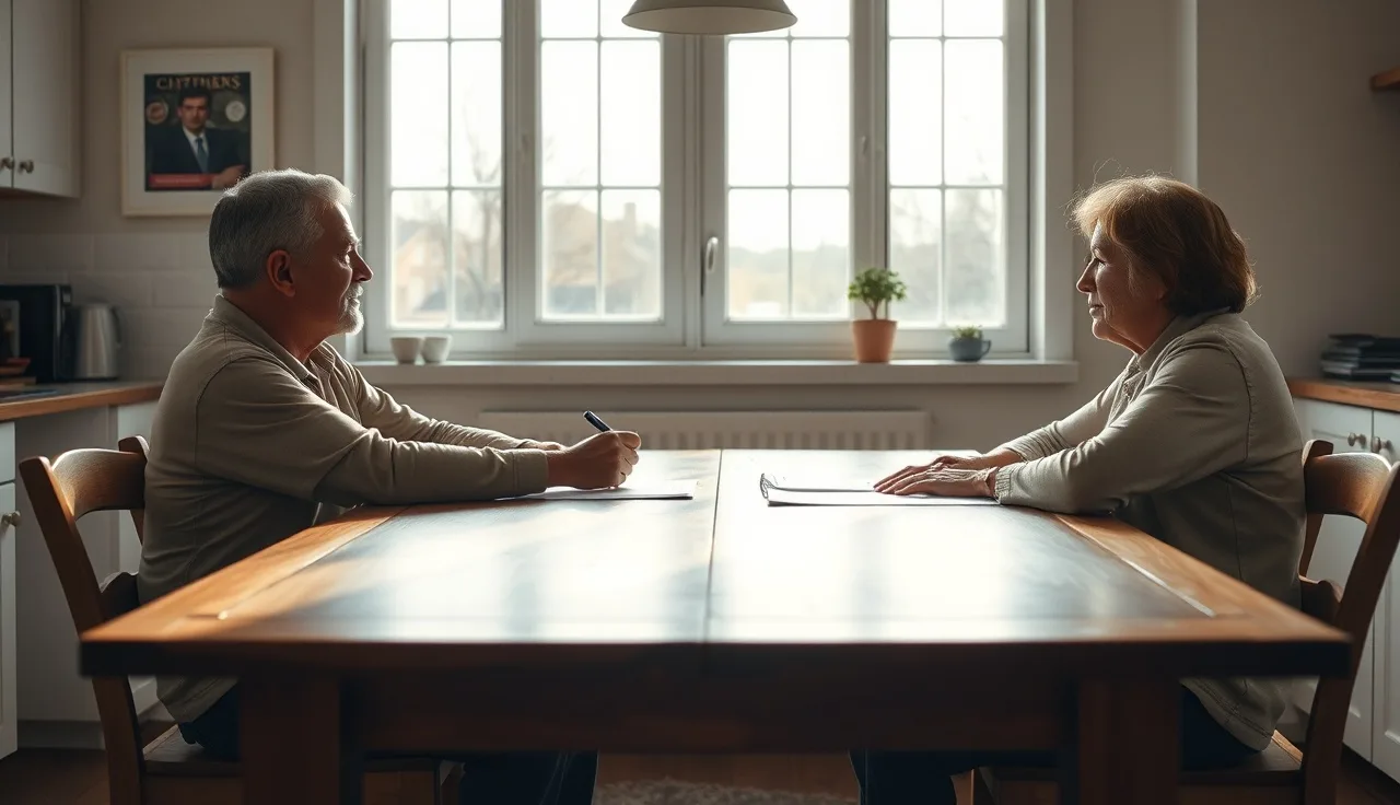 Two adults reviewing marital settlement agreement papers at a kitchen table