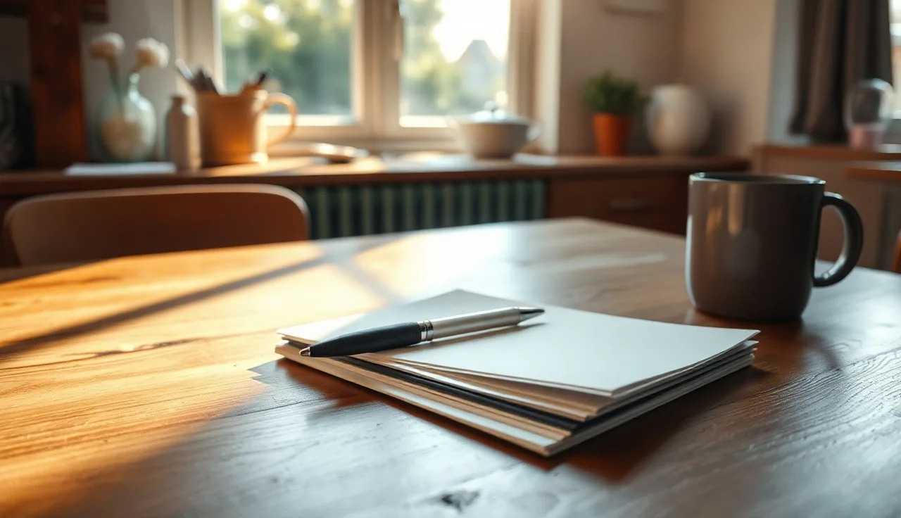 Blank divorce petition forms on a kitchen table with a pen and coffee mug
