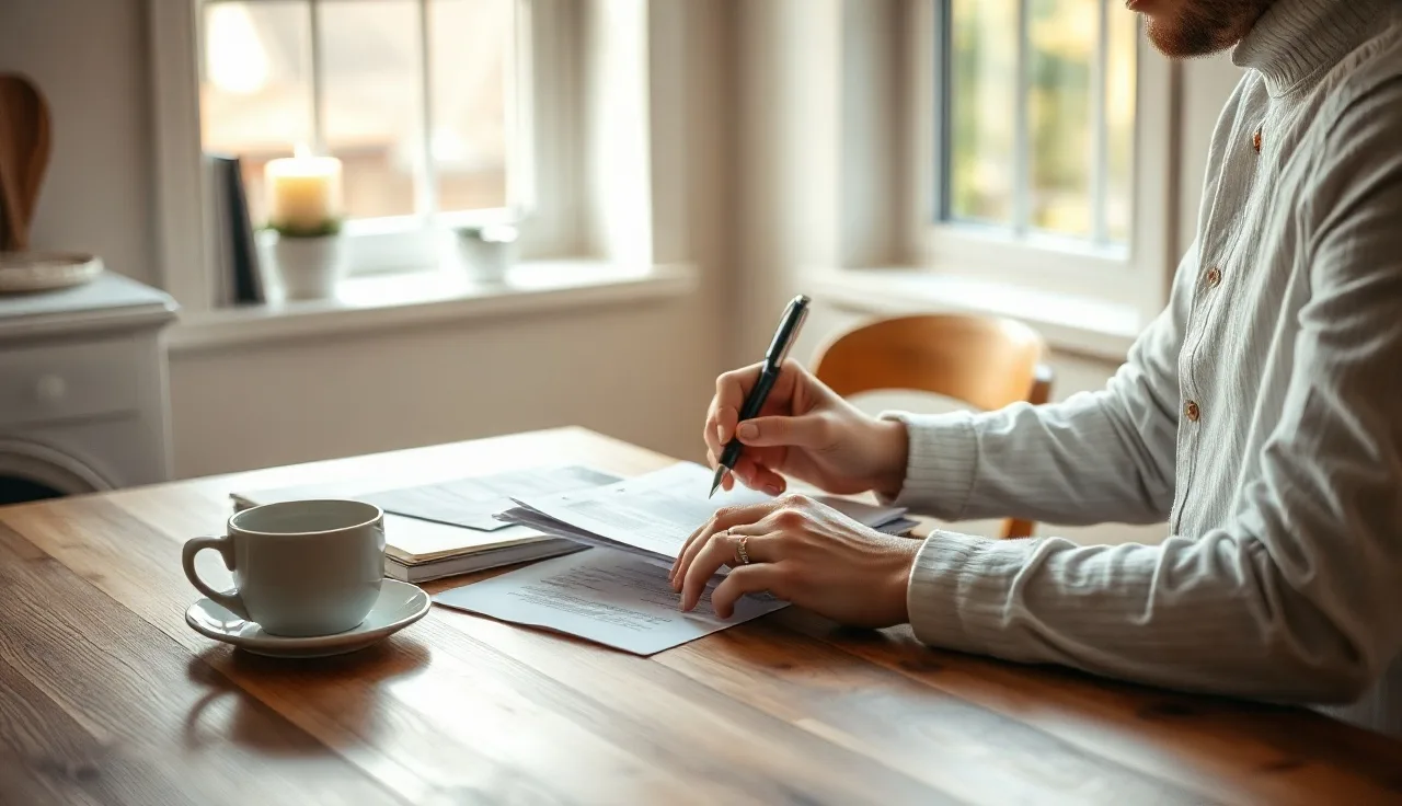 Person filling out official divorce paperwork at a kitchen table in morning light