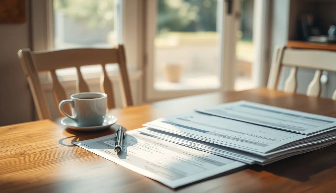 Pen resting on stacked divorce petition forms on a wooden kitchen table