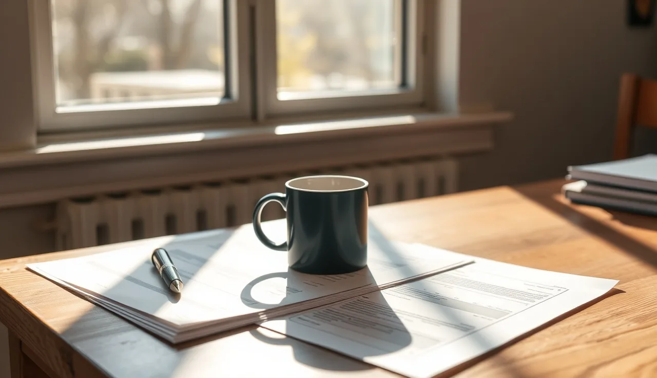 Blank legal forms and a pen on a sunlit wood desk, ready for a divorce document preparer