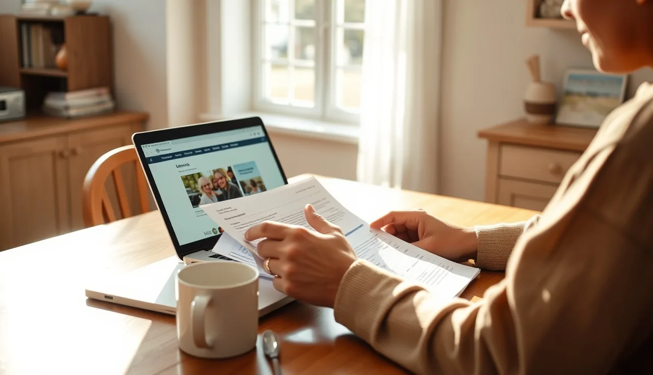 Person reviewing printed divorce forms at a kitchen table with laptop open to a court website