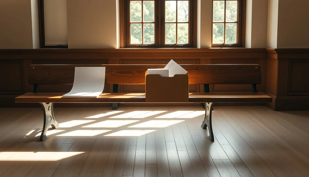 Manila folder of divorce documents on a courthouse bench near a window