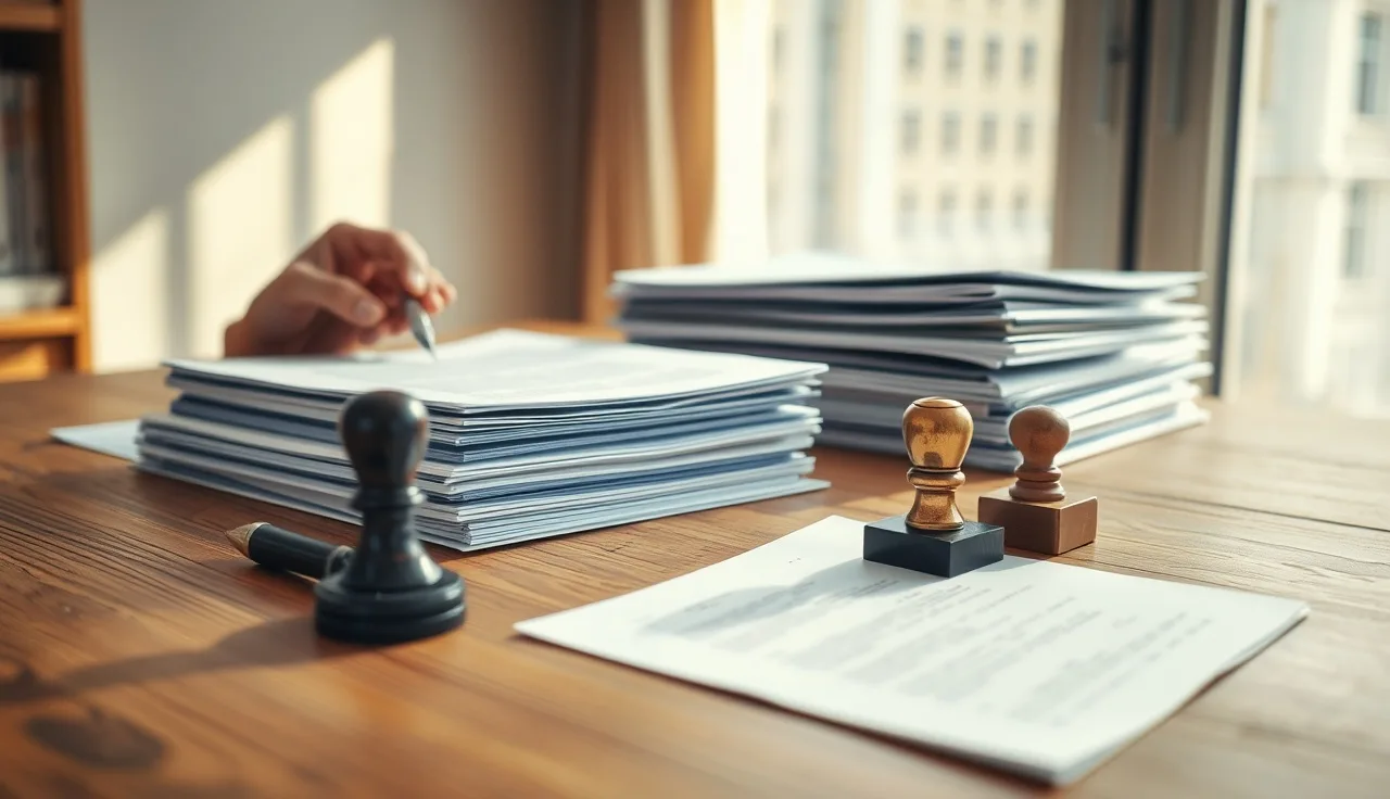 Official papers on a wooden desk with a notary stamp ready for divorce document signing