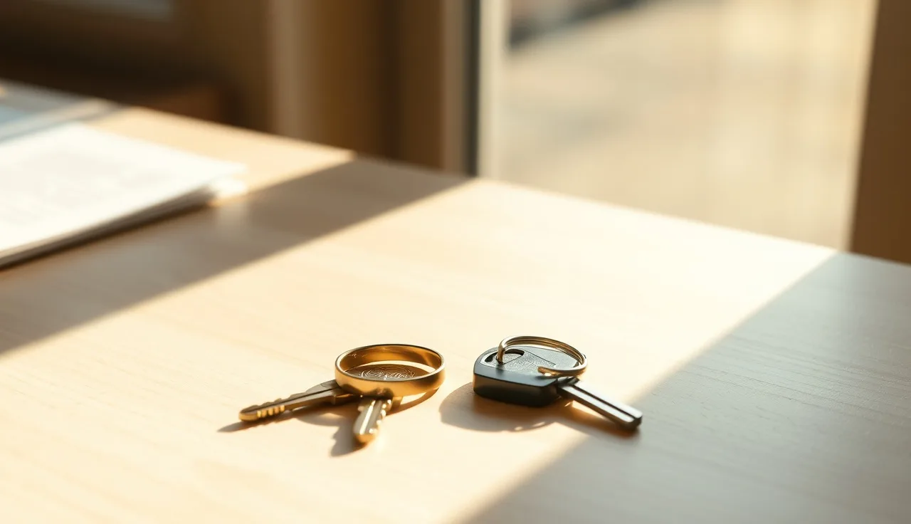 Two sets of keys and a wedding ring on a wooden table in natural light, symbolizing short marriage property division
