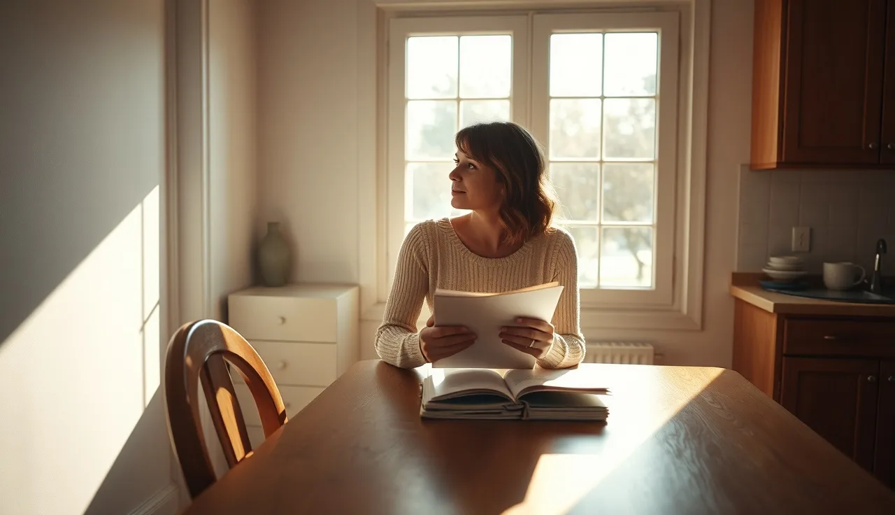 Woman sitting at a kitchen table reviewing confidential divorce documents near a window