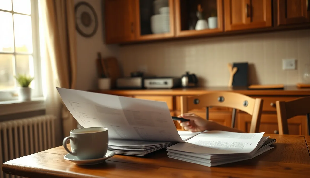 Woman reviewing divorce decree paperwork at kitchen table, checking name restoration language