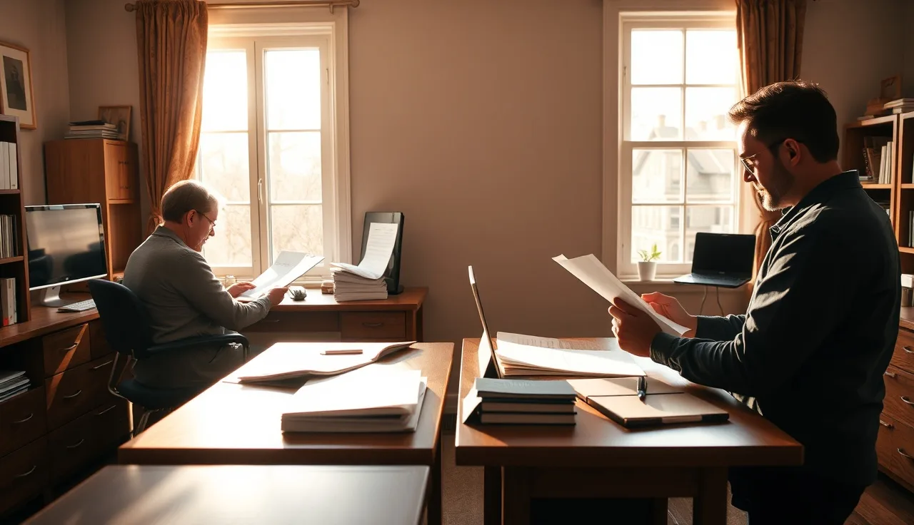 Two people in separate home offices reviewing divorce documents for notarization