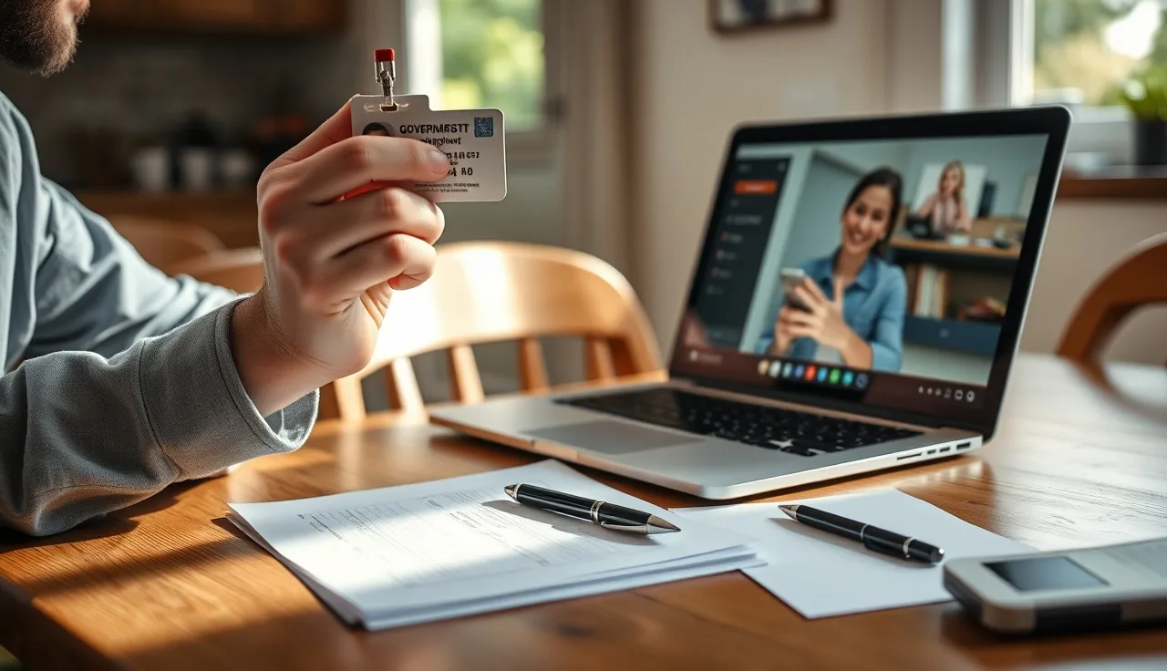 Person holding ID toward laptop screen during remote online notarization session for divorce documents