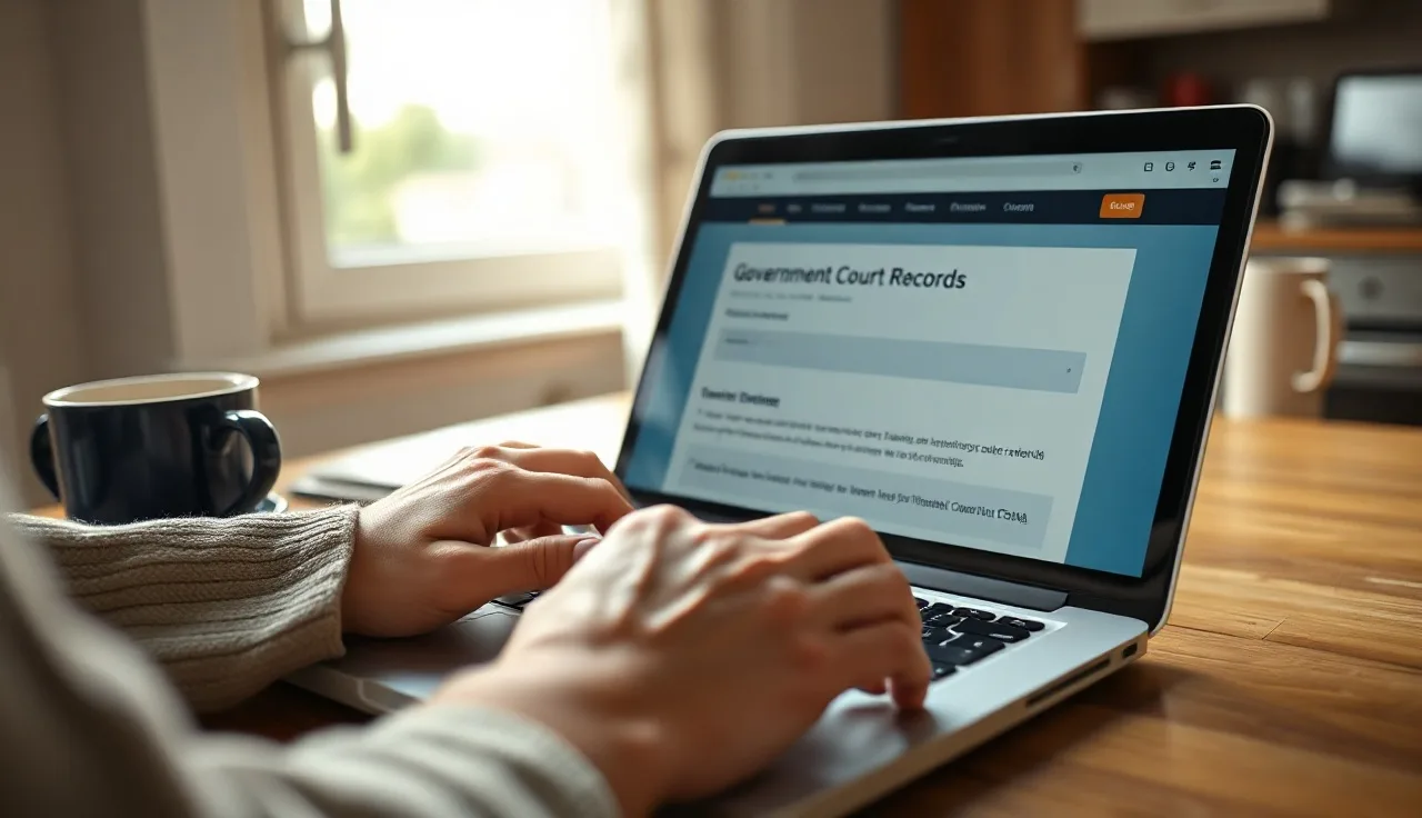 Person reviewing a divorce court docket on a laptop at a kitchen table