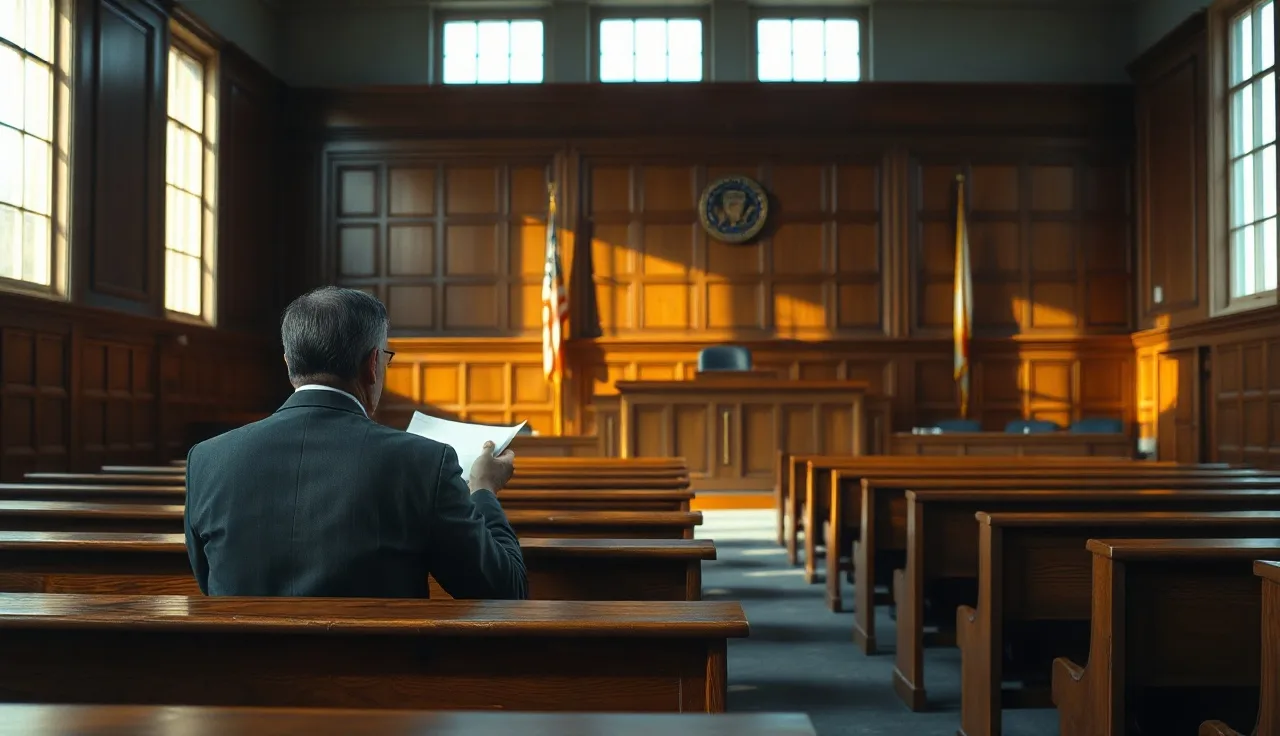 Person sitting in empty courtroom reviewing papers before a divorce continuance hearing