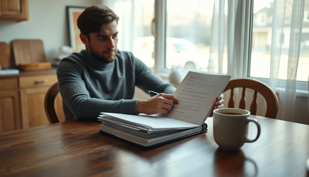 Person reviewing legal documents at kitchen table while responding to divorce papers