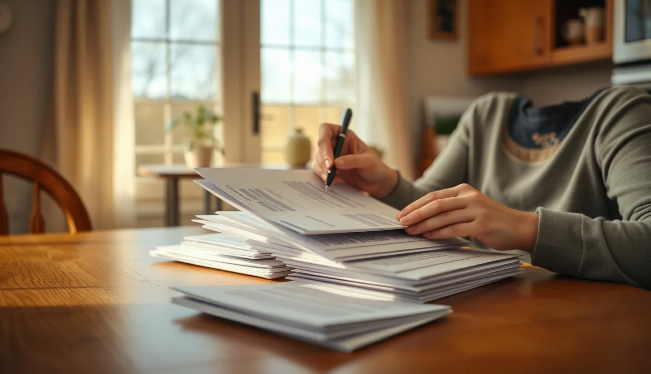 Person reviewing returned court documents at a kitchen table, preparing to refile
