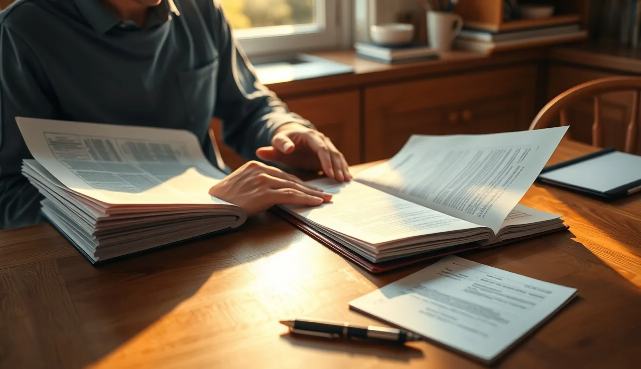 Person carefully comparing printed divorce forms with official documents at a kitchen table