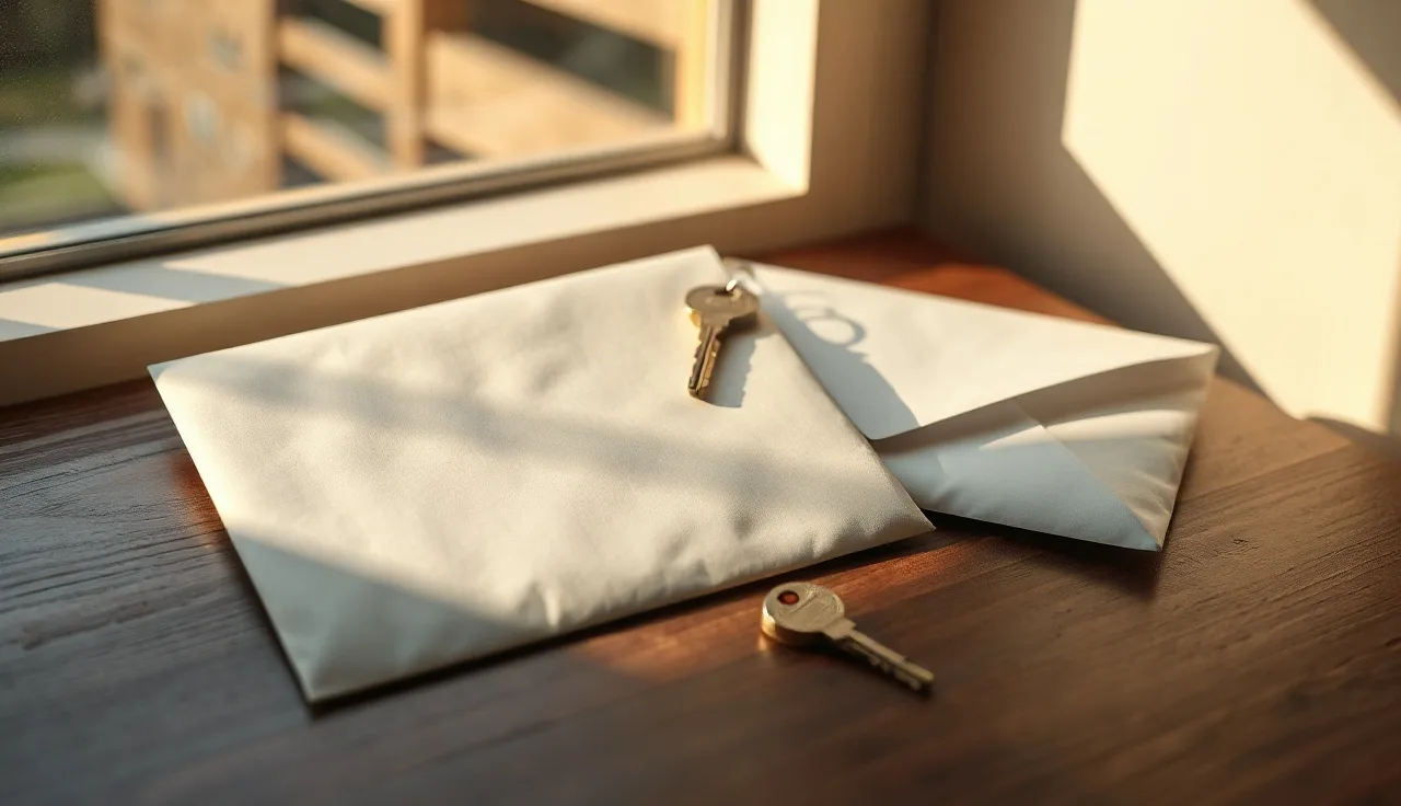 Sealed envelopes and a house key on a wooden desk, representing out-of-state divorce service