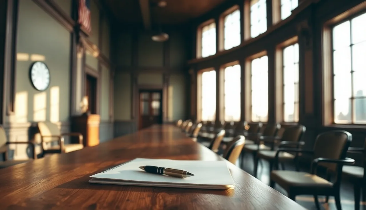 Courthouse hallway desk with a manila folder and pen, afternoon light