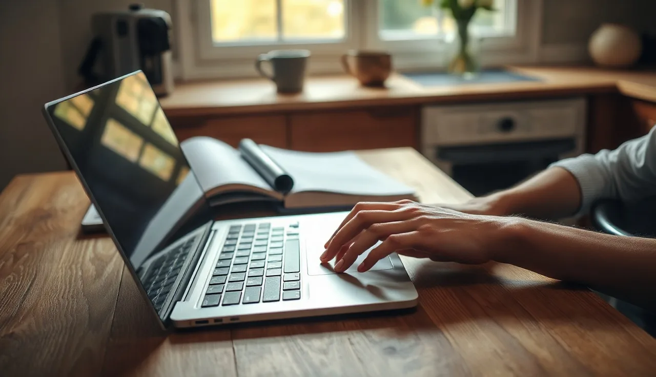 Person checking divorce case status on laptop with court papers nearby