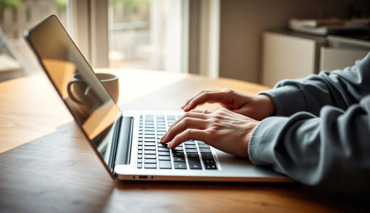 Hands on a laptop at a kitchen table during e-filing divorce paperwork online