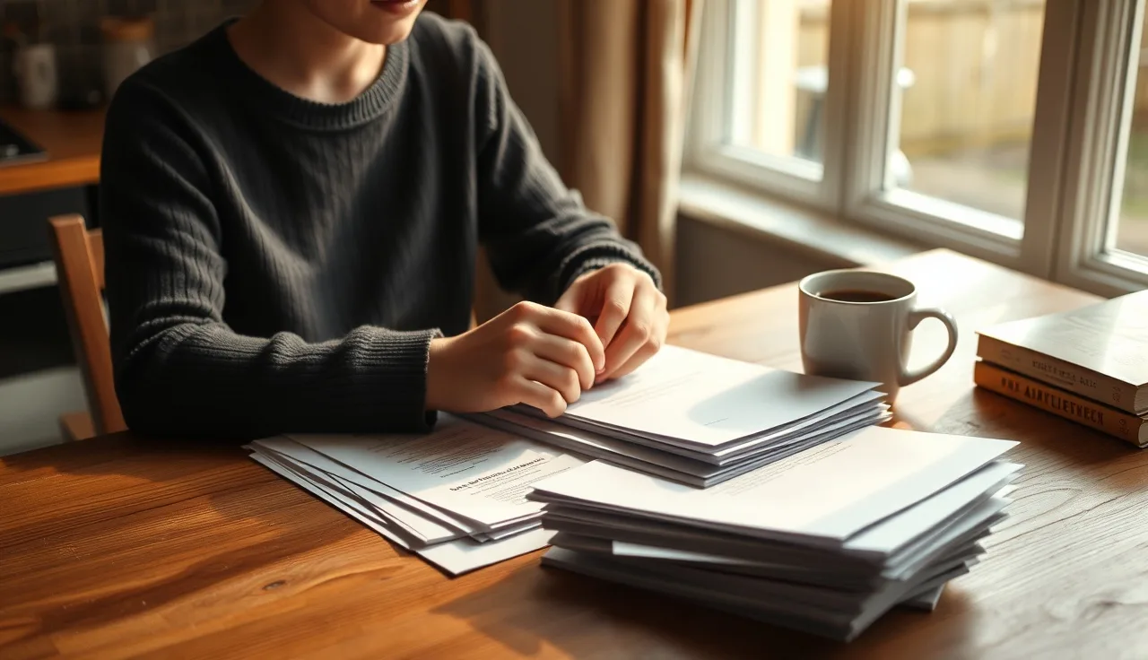 Person organizing divorce paperwork at kitchen table with morning coffee