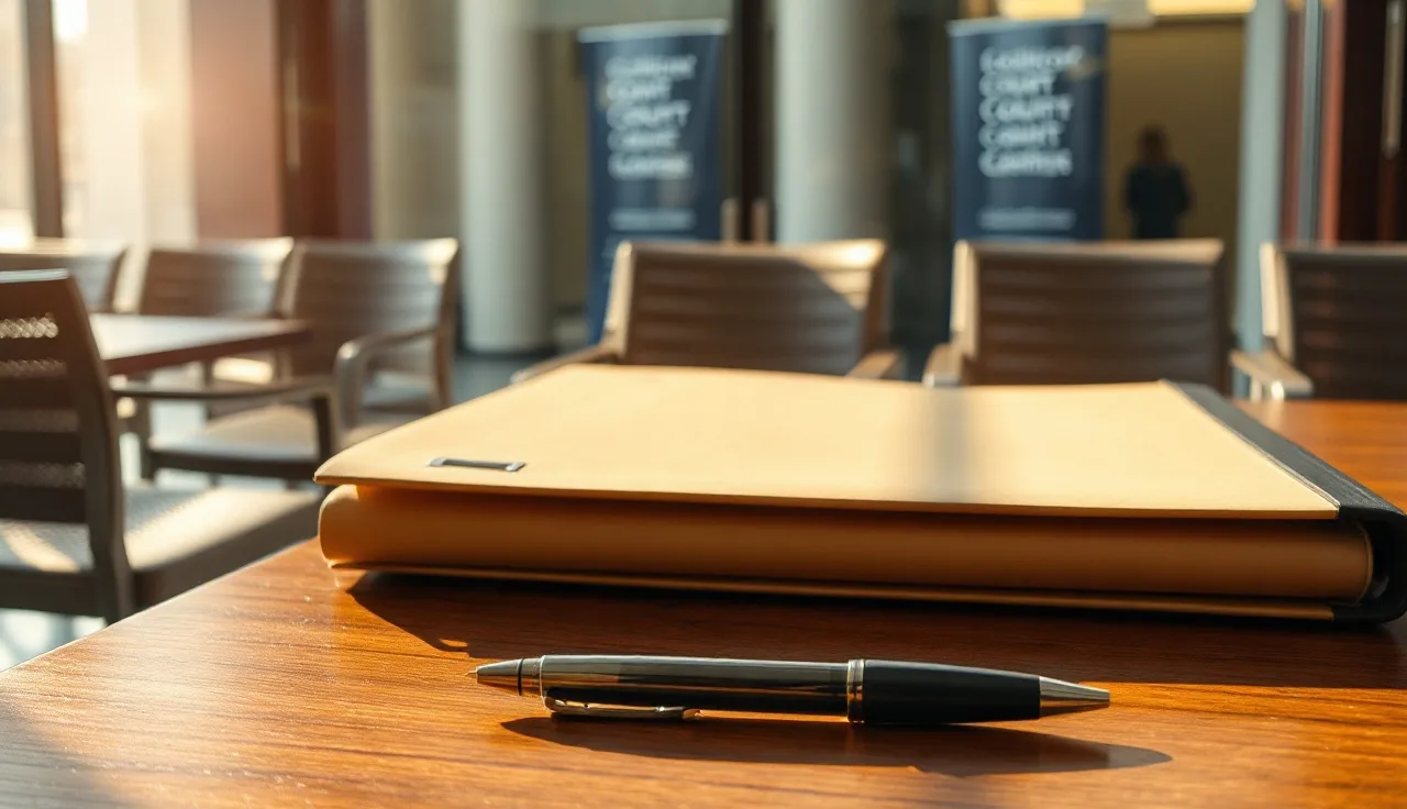 Courthouse window light on a table with pen and folder for divorce filing