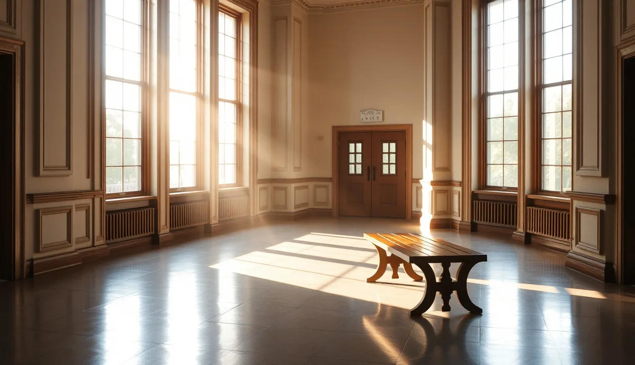 Empty courthouse hallway with wooden bench and morning light, suggesting divorce filing process
