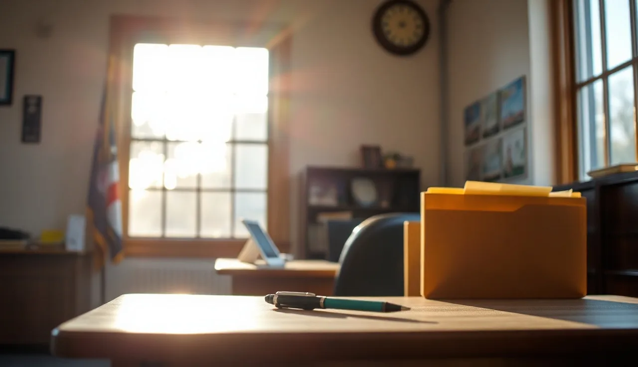 Wooden desk with manila folders and a pen in a quiet county courthouse clerk's office