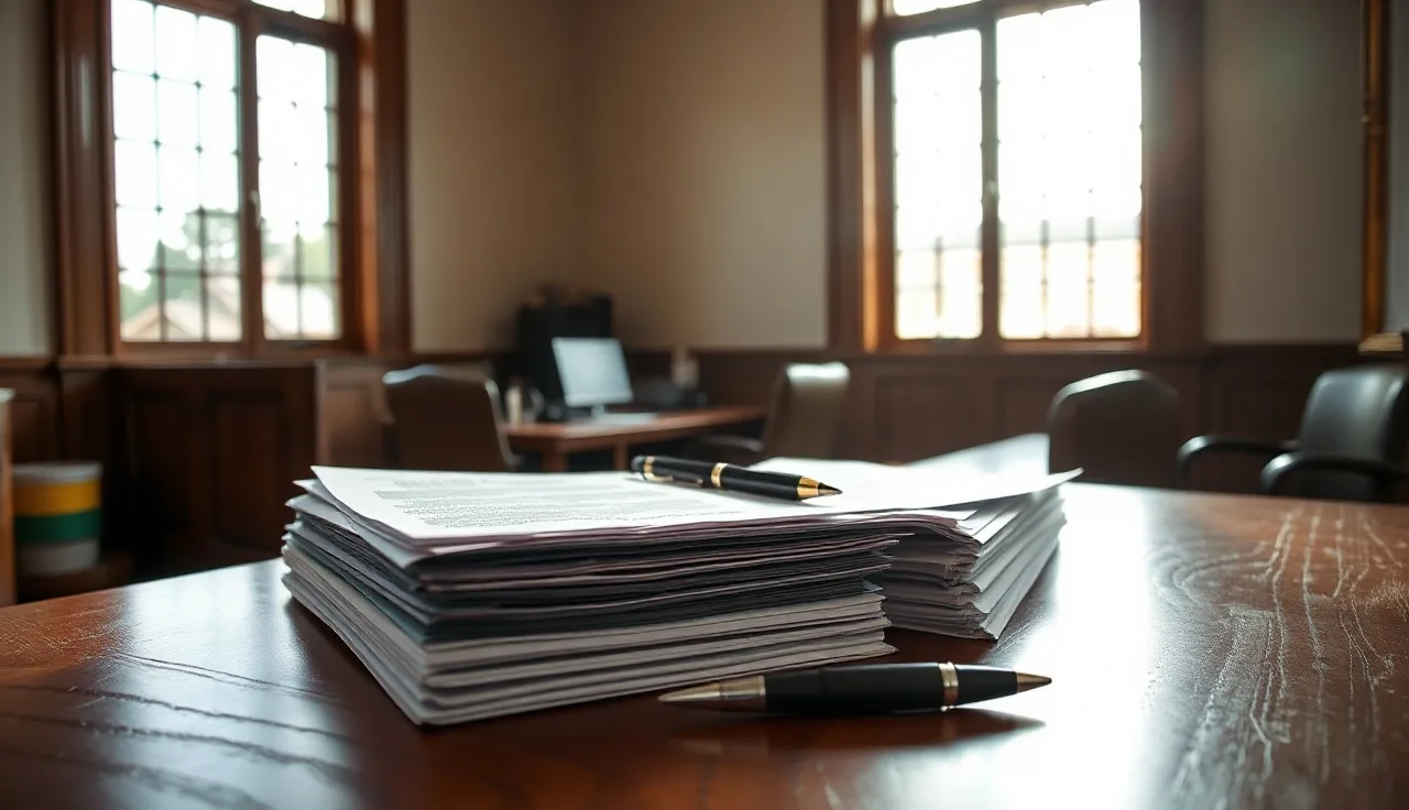 Papers and pen on courthouse desk representing NC divorce forms filing process