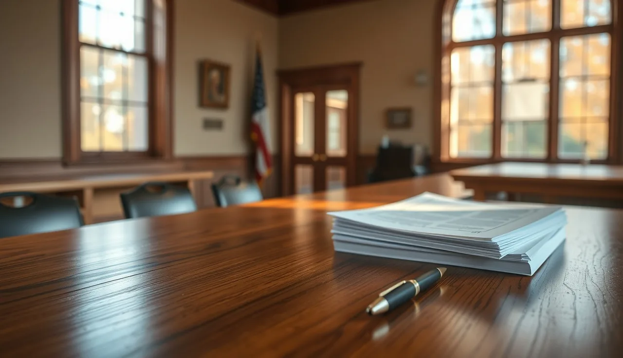 Blank divorce forms and pen on wooden courthouse counter in New Hampshire
