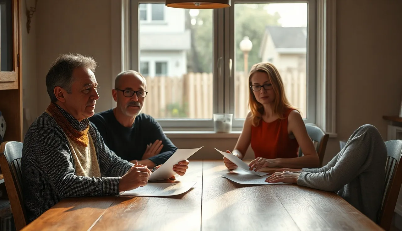 Two people sitting at a kitchen table with divorce paperwork between them