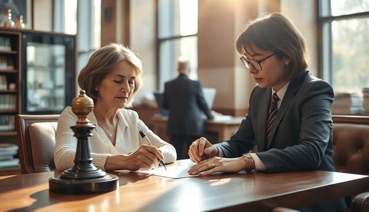 Woman signing divorce papers at a bank desk next to a notary with official stamp