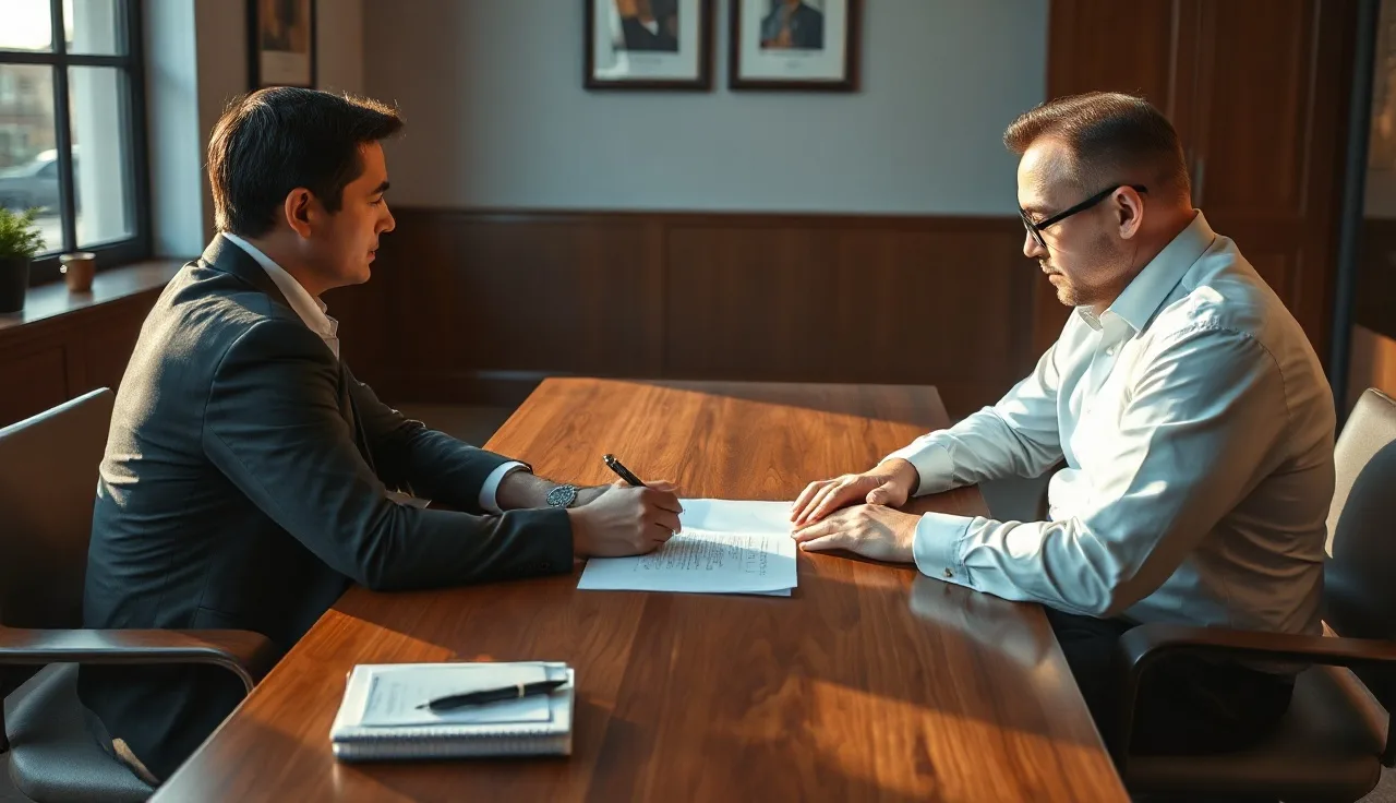 Two people at a table preparing to sign a separation agreement before a notary