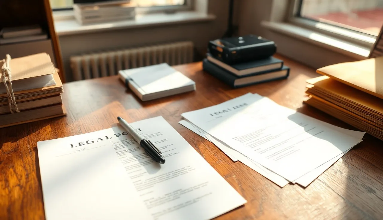 Legal forms and a pen on a sunlit home office desk, ready for divorce filing